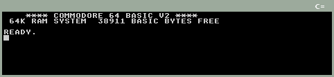     **** COMMODORE 64 BASIC V2 ****
 64K RAM SYSTEM  38911 BASIC BYTES FREE

READY.

